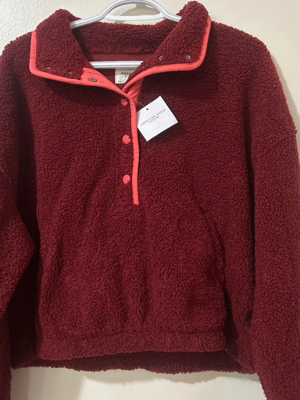 American Eagle Outfitters Burgundy Sherpa Snap Pullover with Coral Trim
